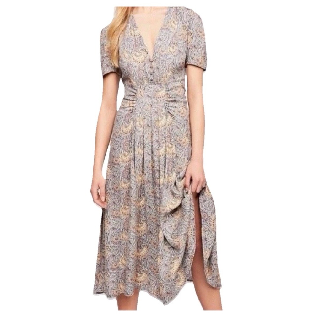 Free People Paisley Midi Dress in Beige and Light Blue